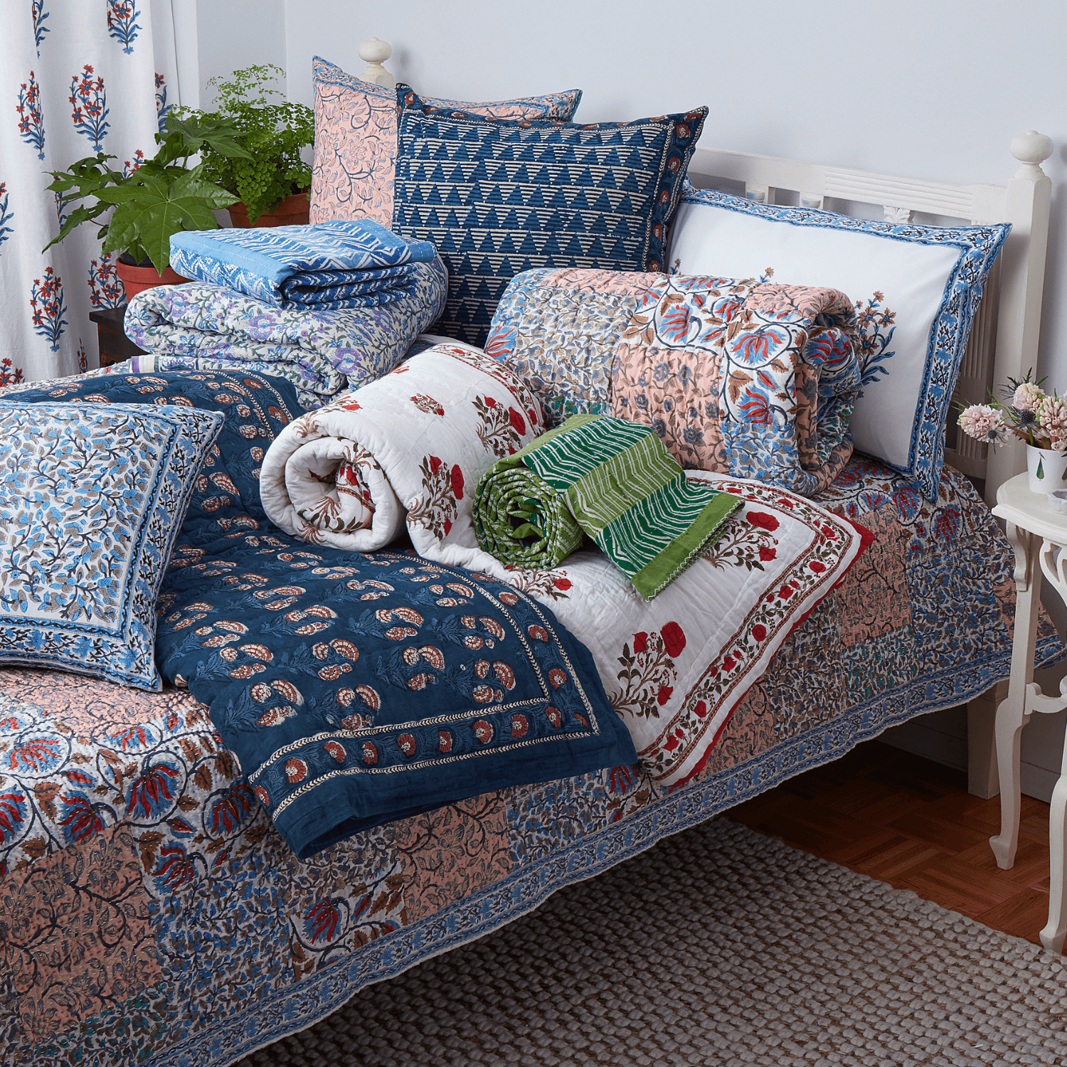 Linen Connections Vintage Handmade Kantha Floral Cotton Quilt Throw Bedspread authentic Block Print Quilt Indian Quilt Comforter Duvet Cover Quilt